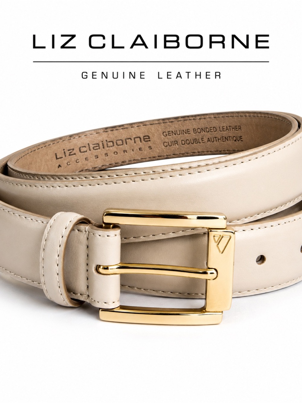 Liz Claiborne genuine leather ivory belt gold buckle made in usa